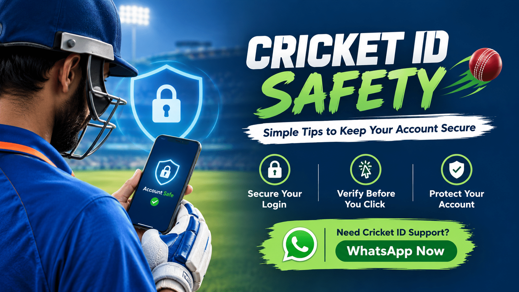 Cricket ID safety guide with secure online account and shield icon
