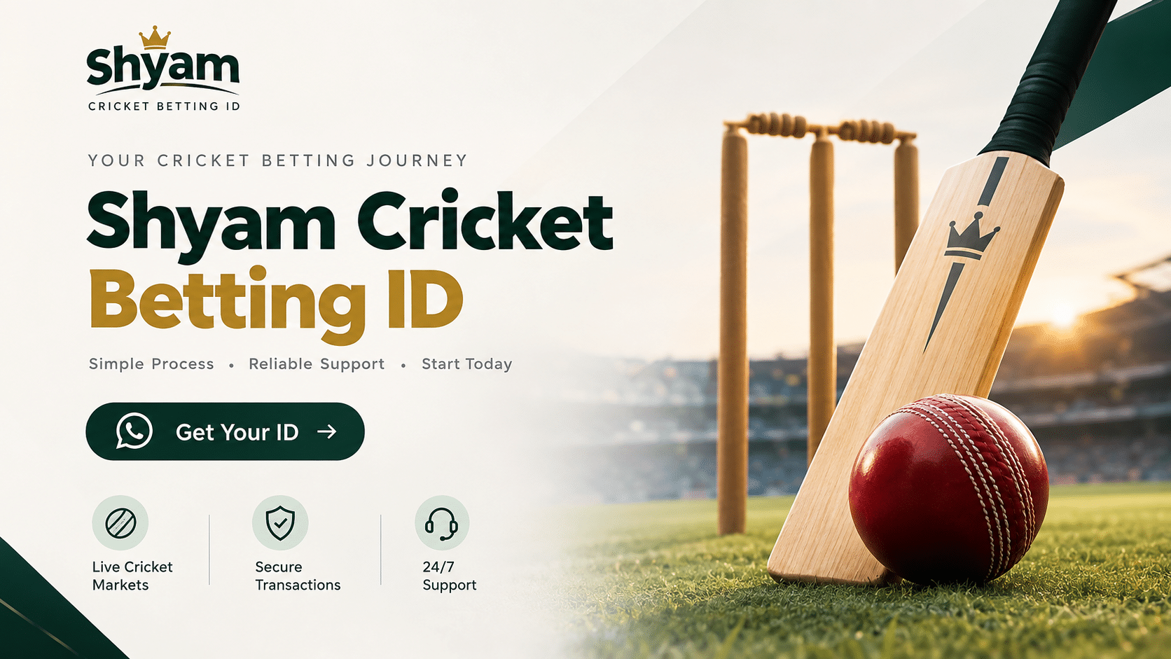 Shyam Cricket Betting ID banner with cricket bat, ball and stadium