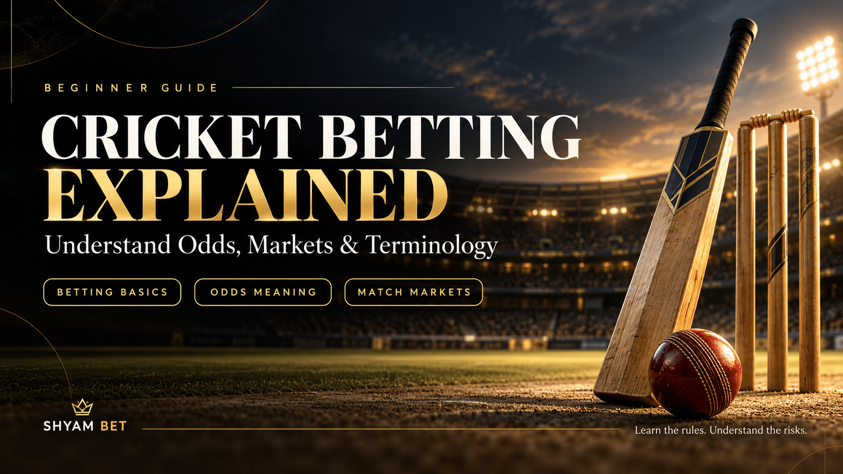 Cricket Betting Explained blog cover with bat, ball and stumps, introducing odds, markets and betting terminology.